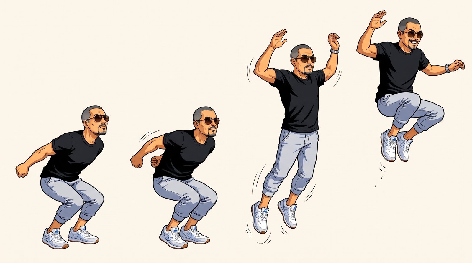 Personaje agachado preparando un salto y luego en el aire