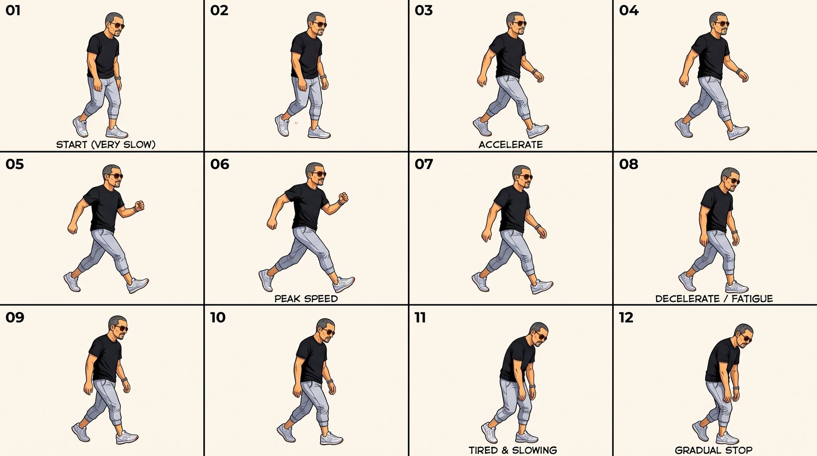 Personaje caminando de izquierda a derecha con marcas de velocidad